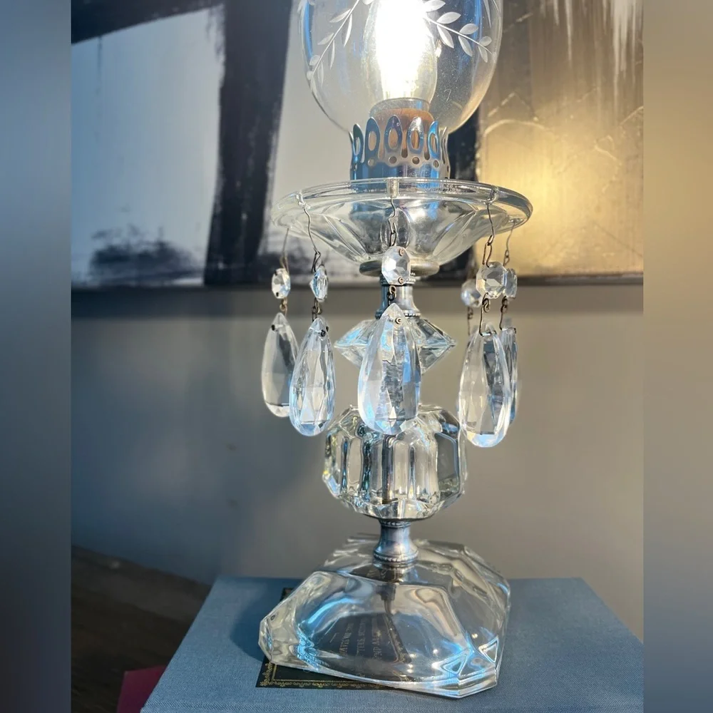 Vintage 1950's Crystal/Etched Glass Hollywood Regency Boudoir Lamps -Pair - Picture 10 of 11